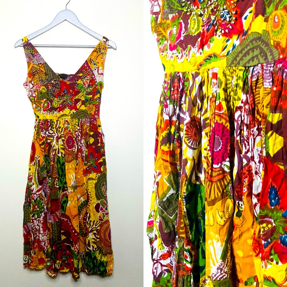 Super cute multi-color sleeveless summer cotton dress. Made in India. Size Small